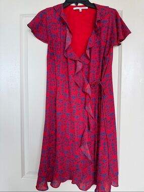 Bright Red Floral Wrap Dress with Ruffle Trim